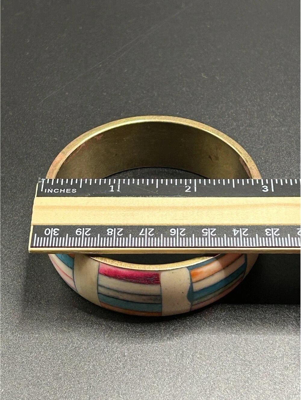 Vintage Set Of 3 Brass / Plaid Pastel Colored Bangles 1970’s